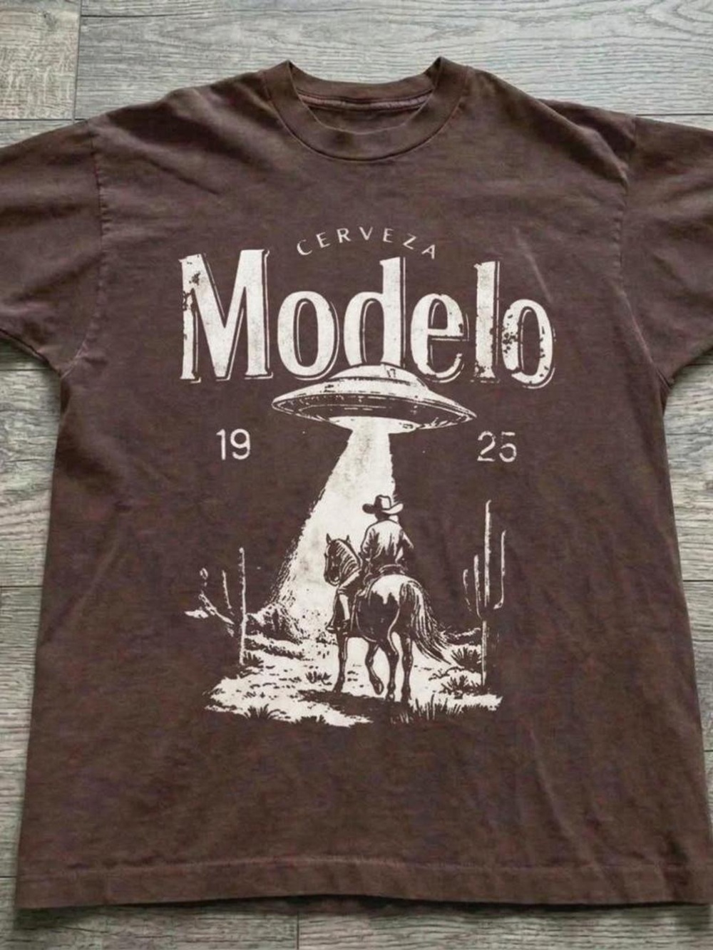 Gildan Brown Short Sleeve Tee with White Modelo UFO Graphic